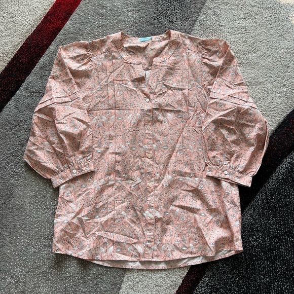 J. McLaughlin Print Pink Puff Sleeve Shirt - Picture 1 of 4